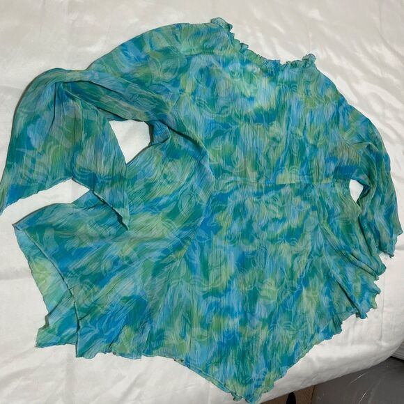 Coldwater Creek Top Button Up Swim Cover Up Aqua Blue Floral Sheer Lightweight - Picture 7 of 10